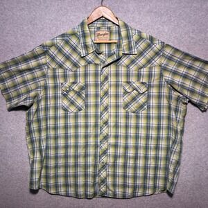 Wrangler Western Fashion Snap Shirt Mens‎ 3XL Green Blue Plaid Short Sleeve